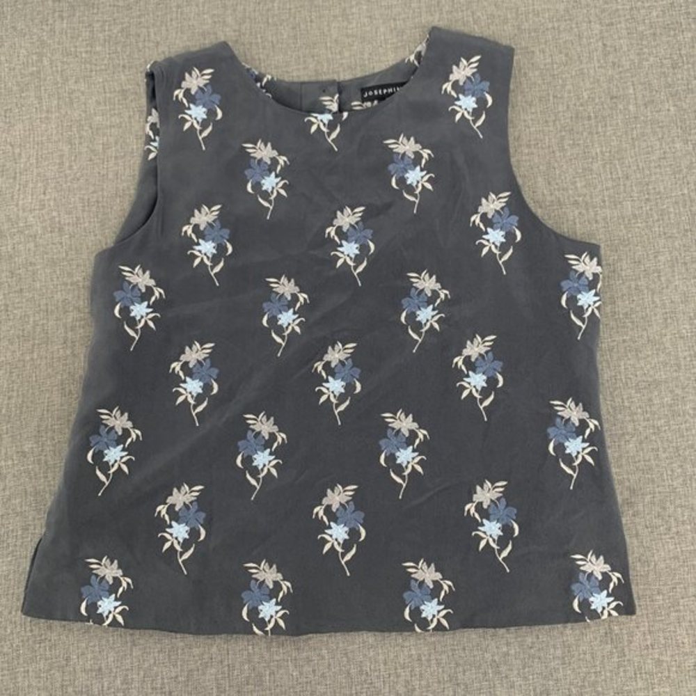 Josephine Chaus Elegant Silk Sleeveless Blouse Size 14 Embroidered Floral Gray